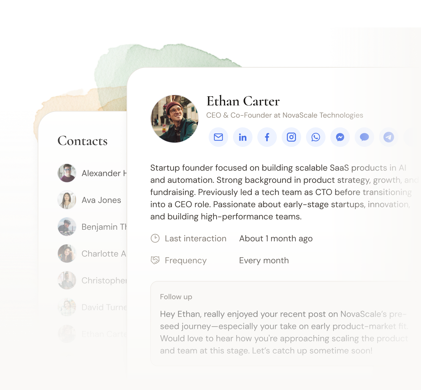 Dex extension showing notes and a personalized follow-up draft for a contact.